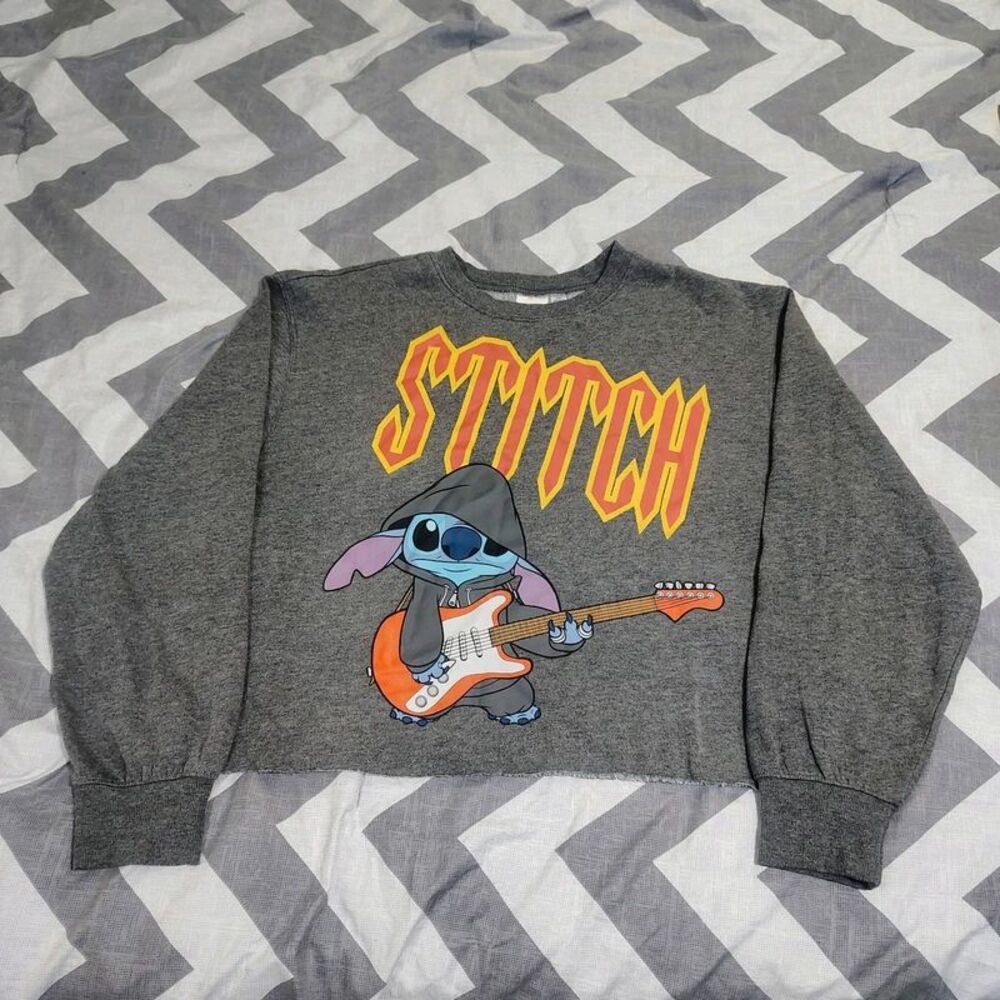 Disney Stitch Grey Cropped Graphic Crew Neck Sweatshirt Size 2X